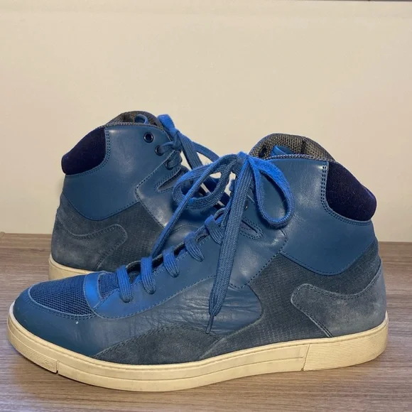 Salvatore Ferragamo Robert leather suede high top sneakers blue 8,5 EE - Picture 1 of 16